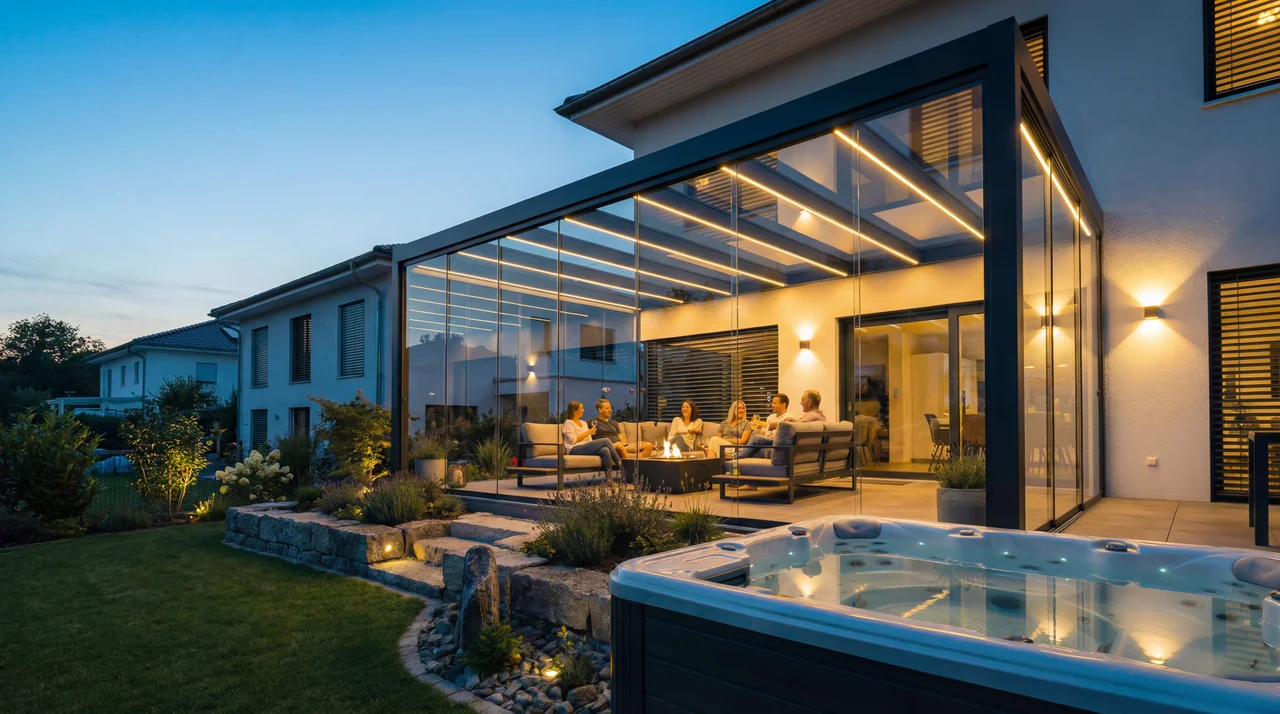 Terrassendach am Abend, warme LED-Beleuchtung unter Aluminium-Glasdach, gemütliche Atmosphäre